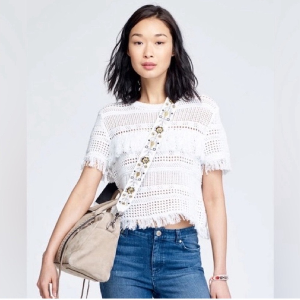 rebecca minkoff “miwok” short sleeve crochet knit fringe crop top